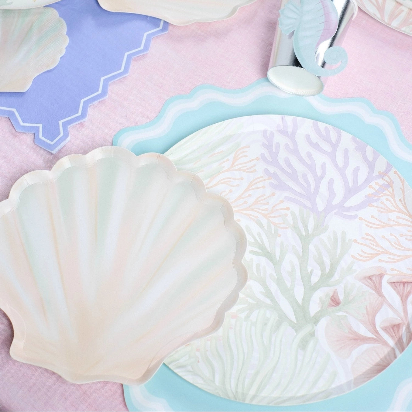 Watercolor coral reef design on white dinner plate