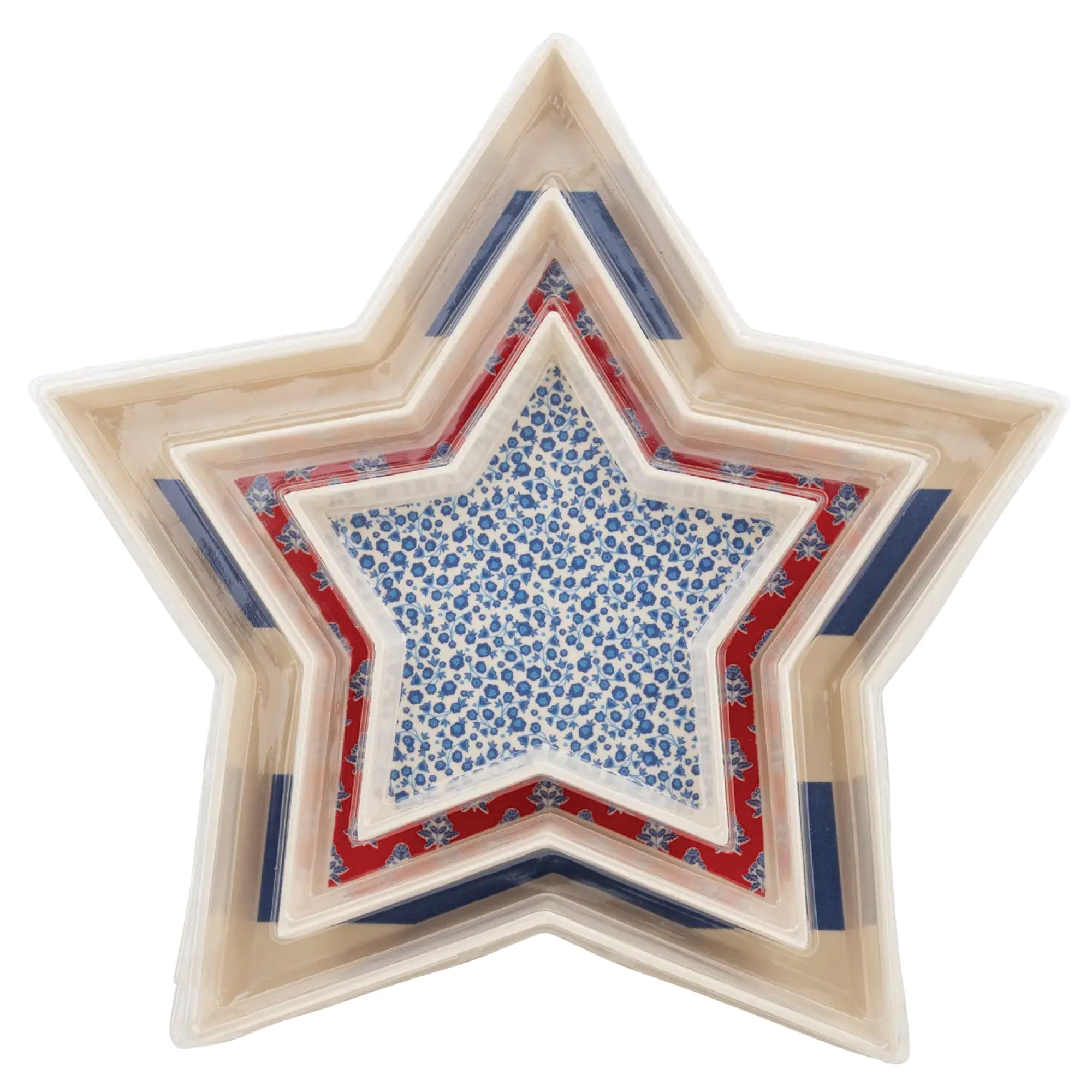 Stackable bamboo trays with red white and blue patterns