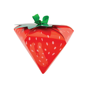 Strawberry-shaped treat box with green ribbon stem