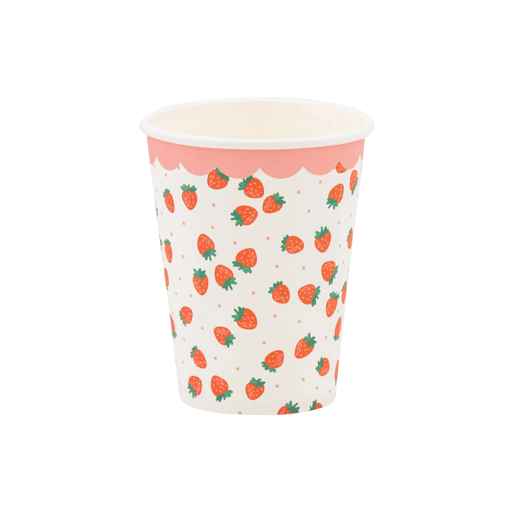 Strawberry party paper cups with pink scalloped rim
