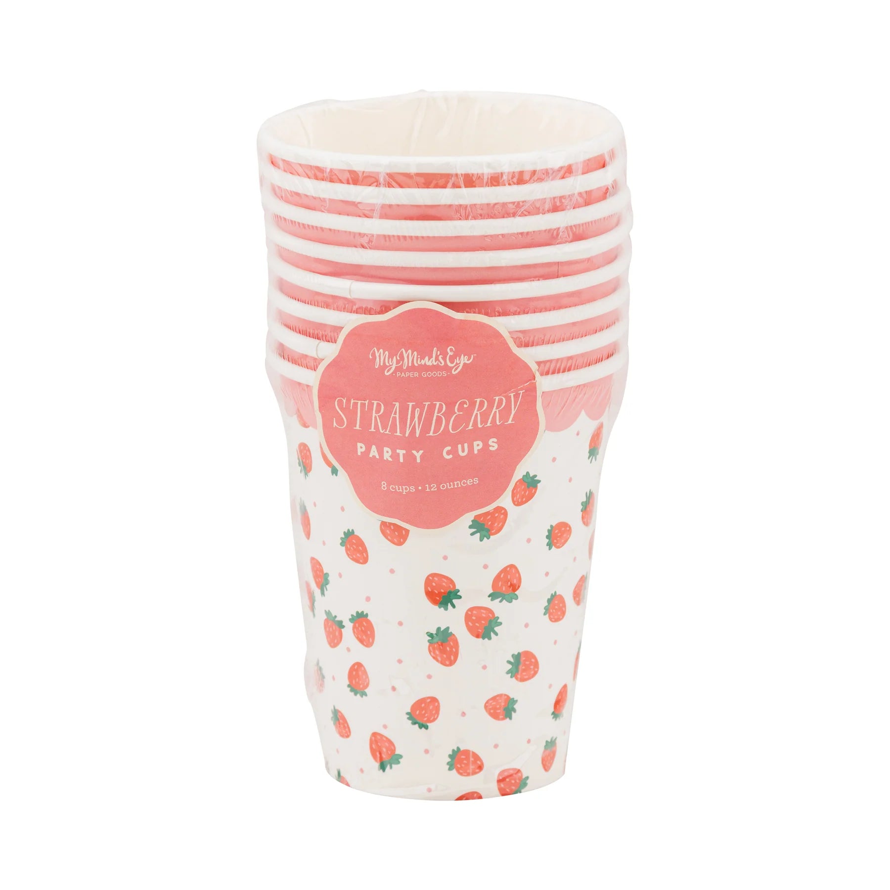 Fruit-themed party cups with strawberry pattern in package