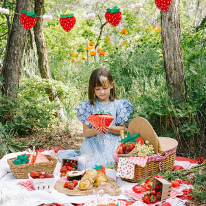 Girl holding a strawberry favor box at a picnic party