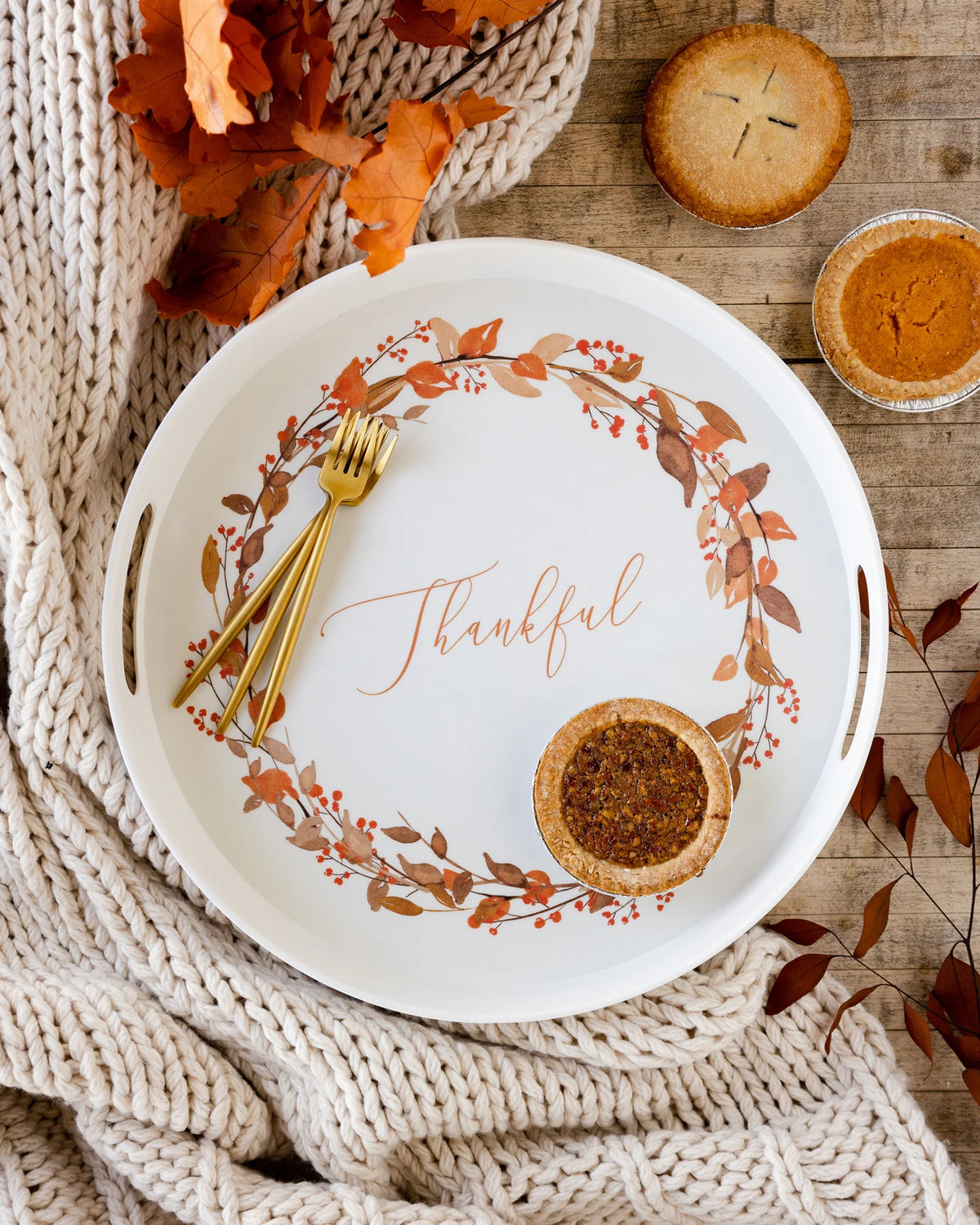 Thankful Wreath Round Bamboo Serving Tray