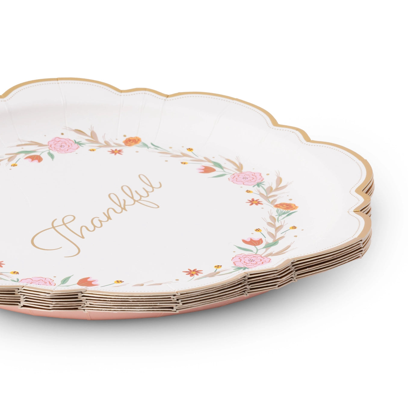 White Thanksgiving paper plate with pink and orange fall florals