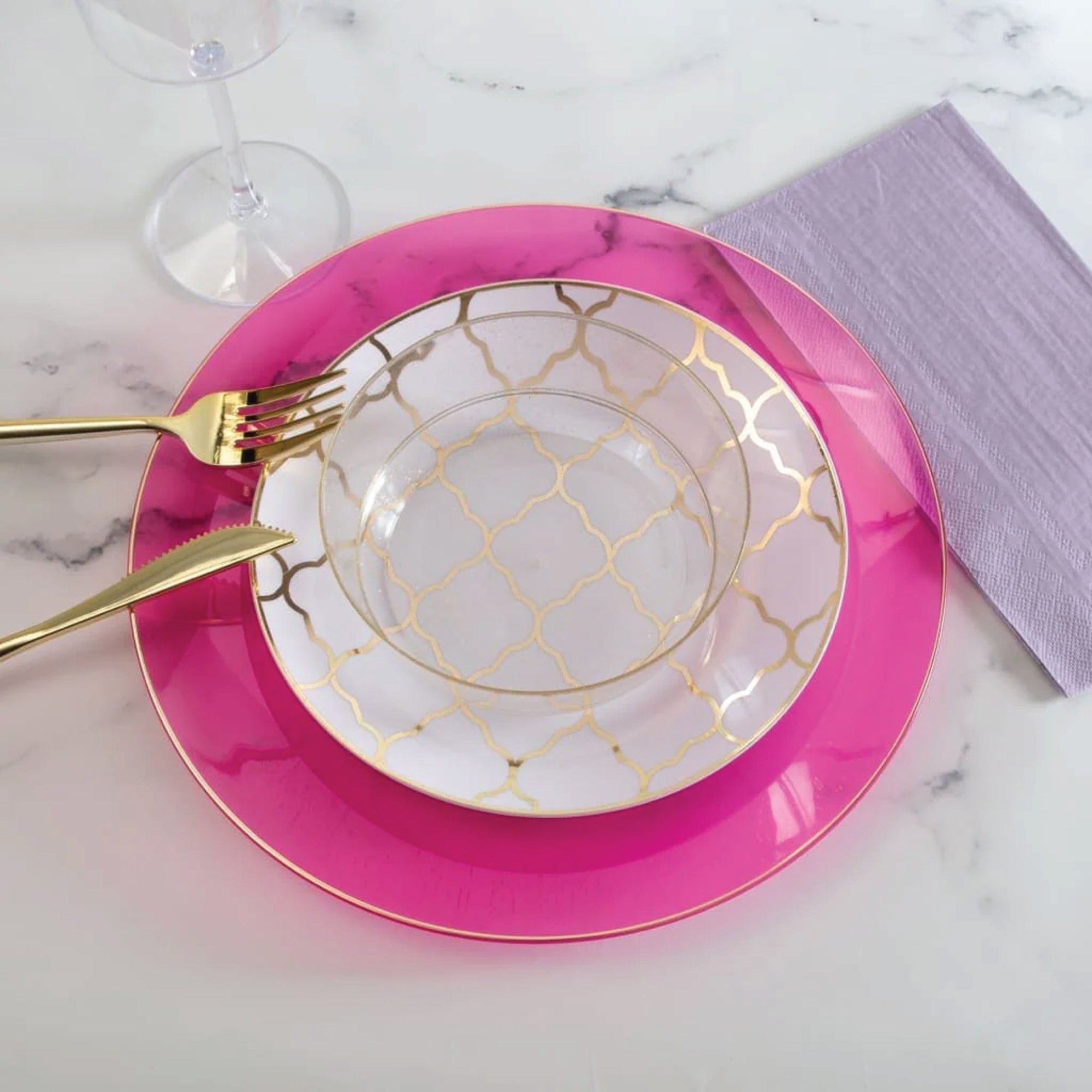 Transparent Hot Pink & Gold Rim Plastic Dinner Plates 10ct | The Party Darling