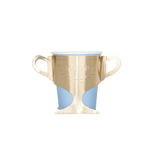 Blue paper cup with a gold foil sleeve shaped like a trophy cup