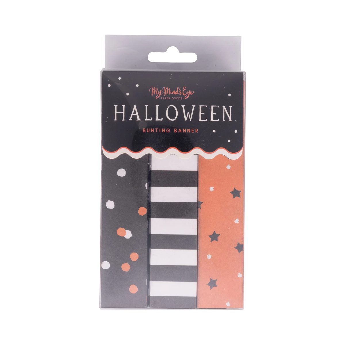 Packaged Halloween bunting banner with polka dots, stripes, and stars 