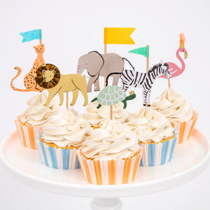 Blue and orange striped cupcake wrappers and toppers with zoo animal cupcake toppers