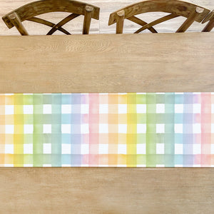 Pastel Rainbow Gingham Paper Table Runner 10ft on table