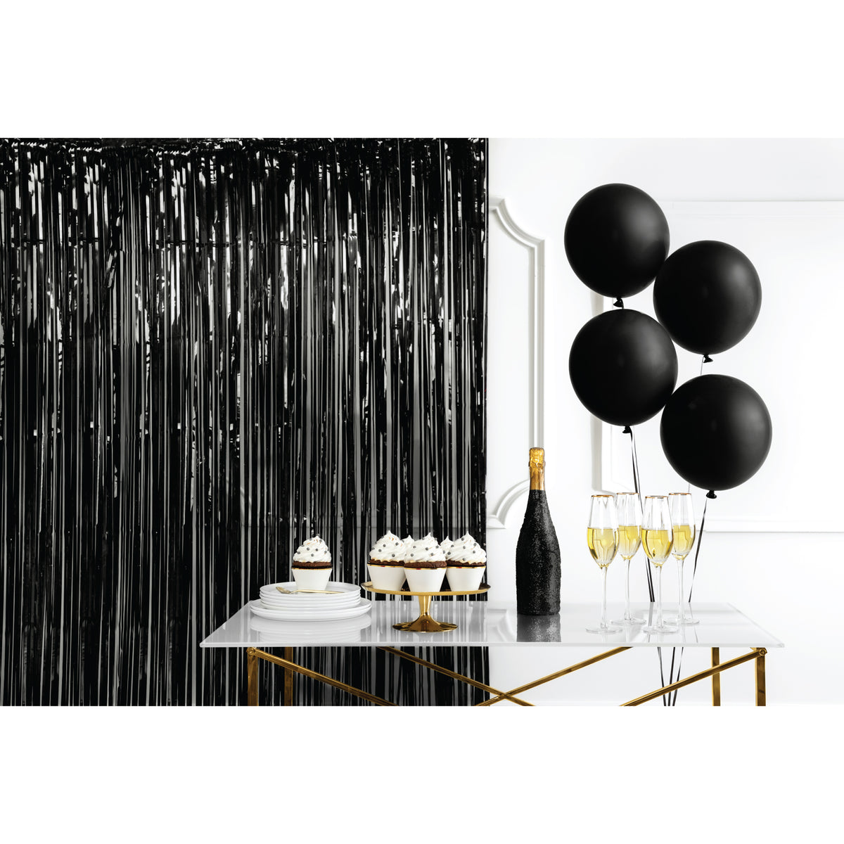 Black fringe backdrop  Black party decorations, Black and white balloons,  Black white parties
