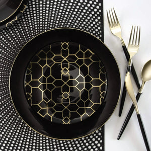Black & Gold Geometric Pattern Plastic Dessert Plates Place Setting