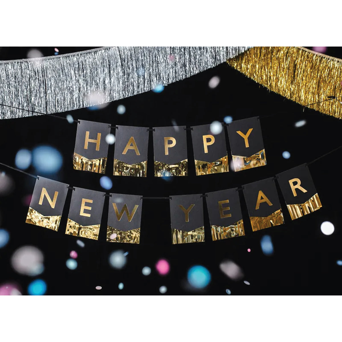 Black &amp; Gold Happy Nyew Year Fringe Banner 4.5ft Party Set Up