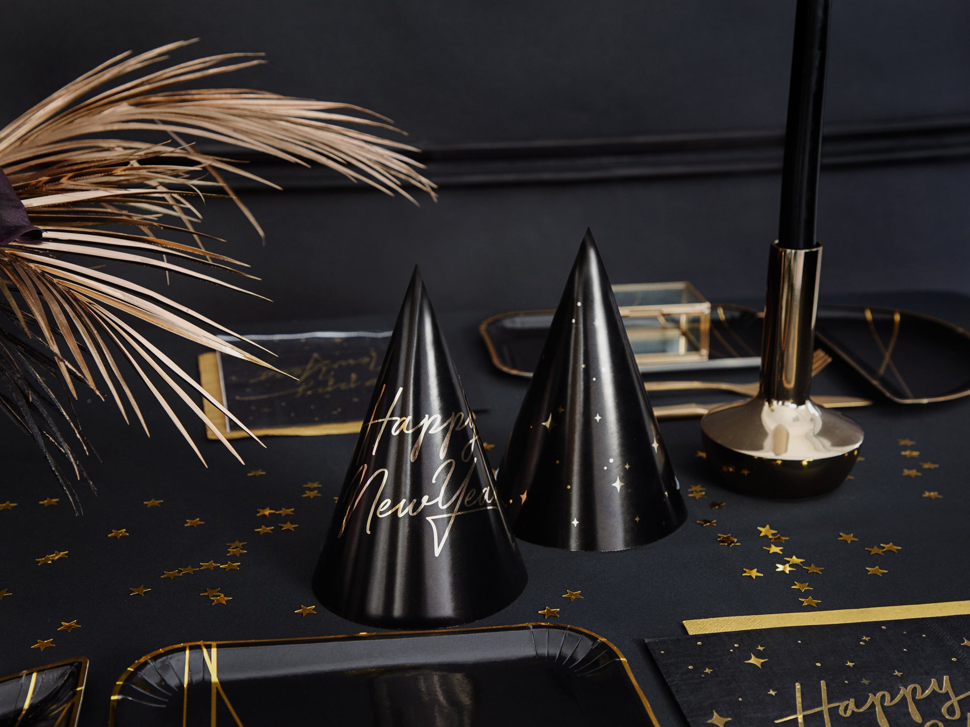 Black & Gold Happy New Year Party Hats 6ct | The Party Darling