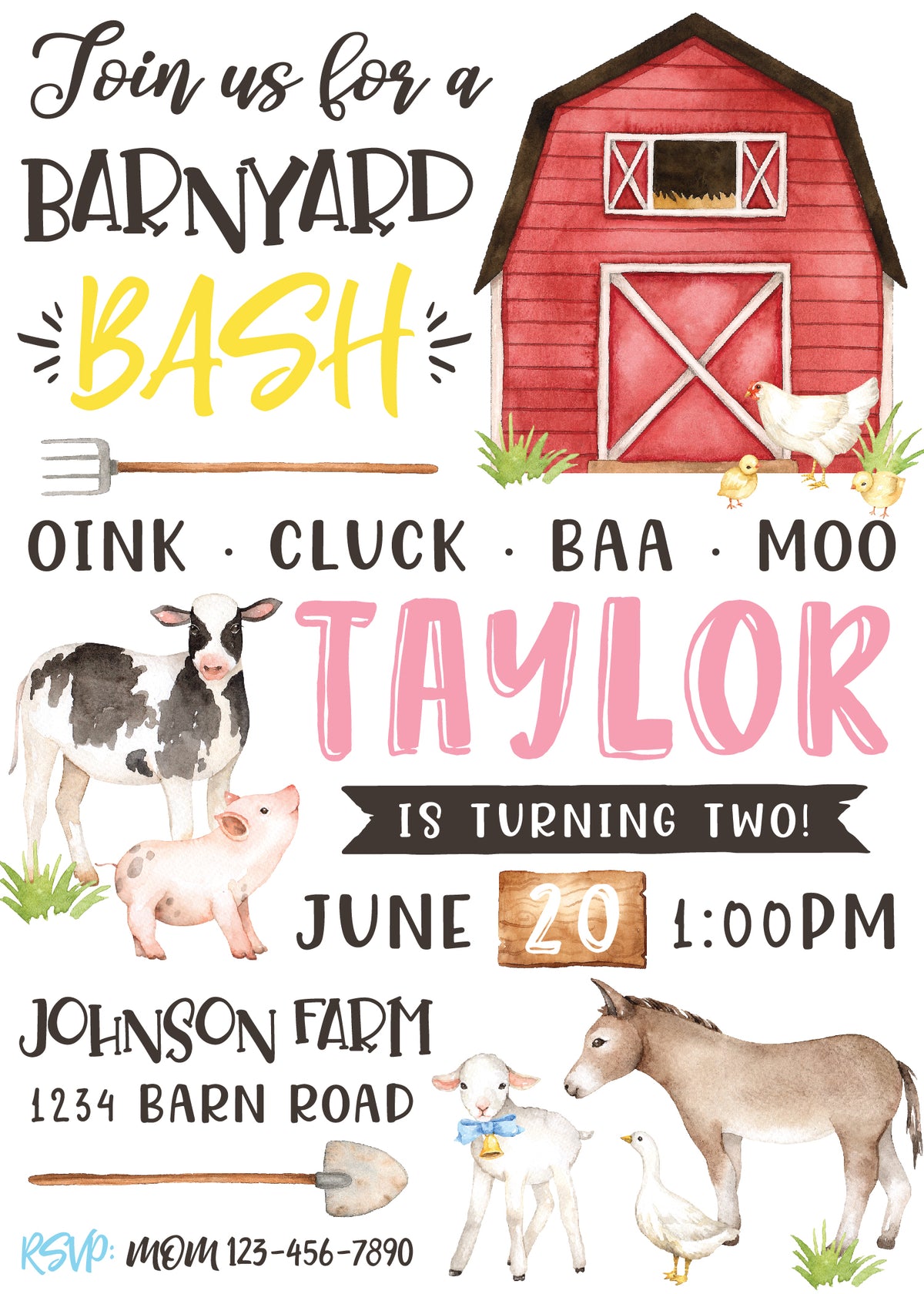 Farm Birthday Party Invitation Pink Front