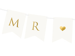 DIY White and Gold Mr. & Mrs. Pennant Banner Zoomed In