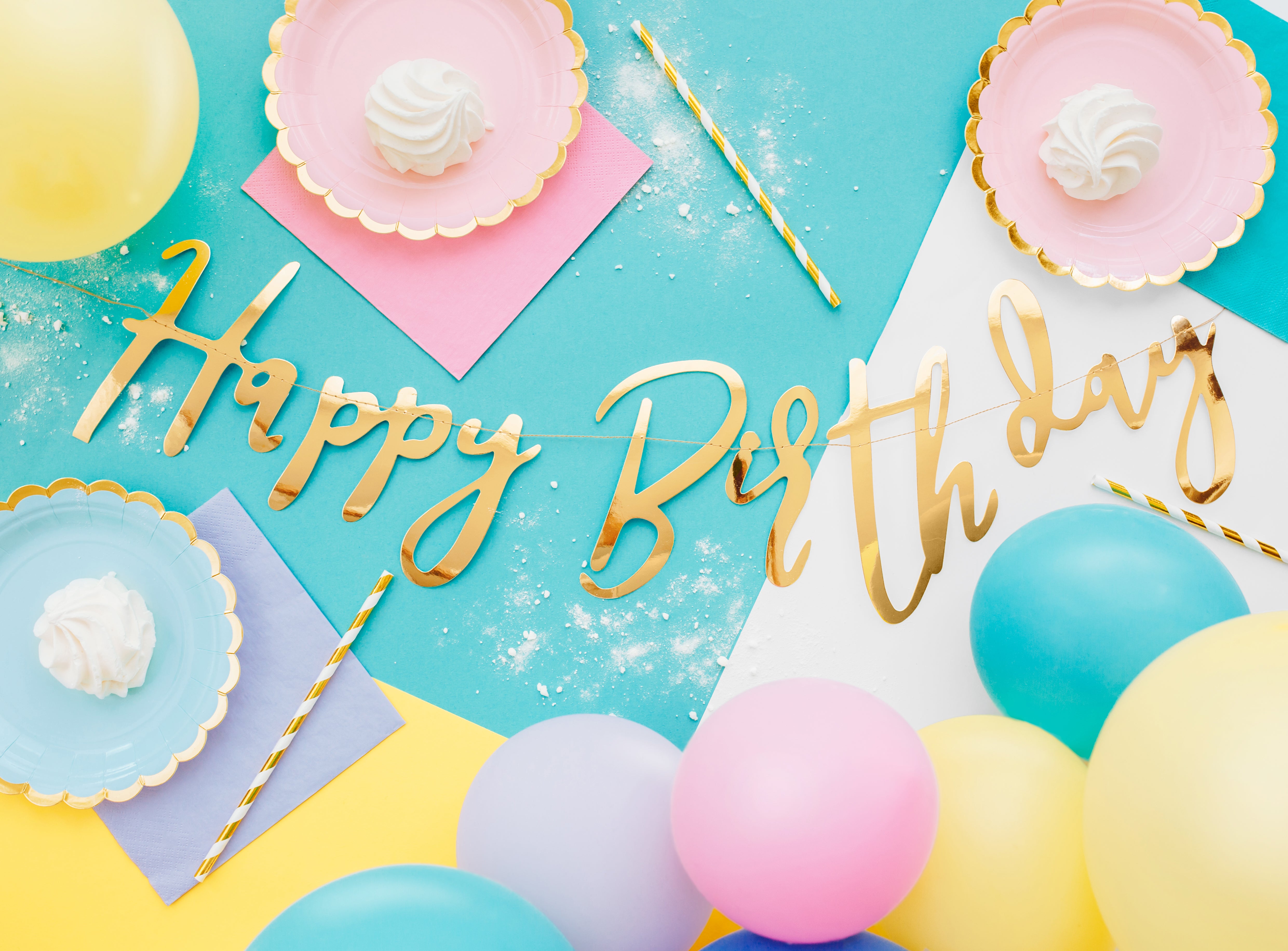 flat lay Gold Happy Birthday Letter Banner