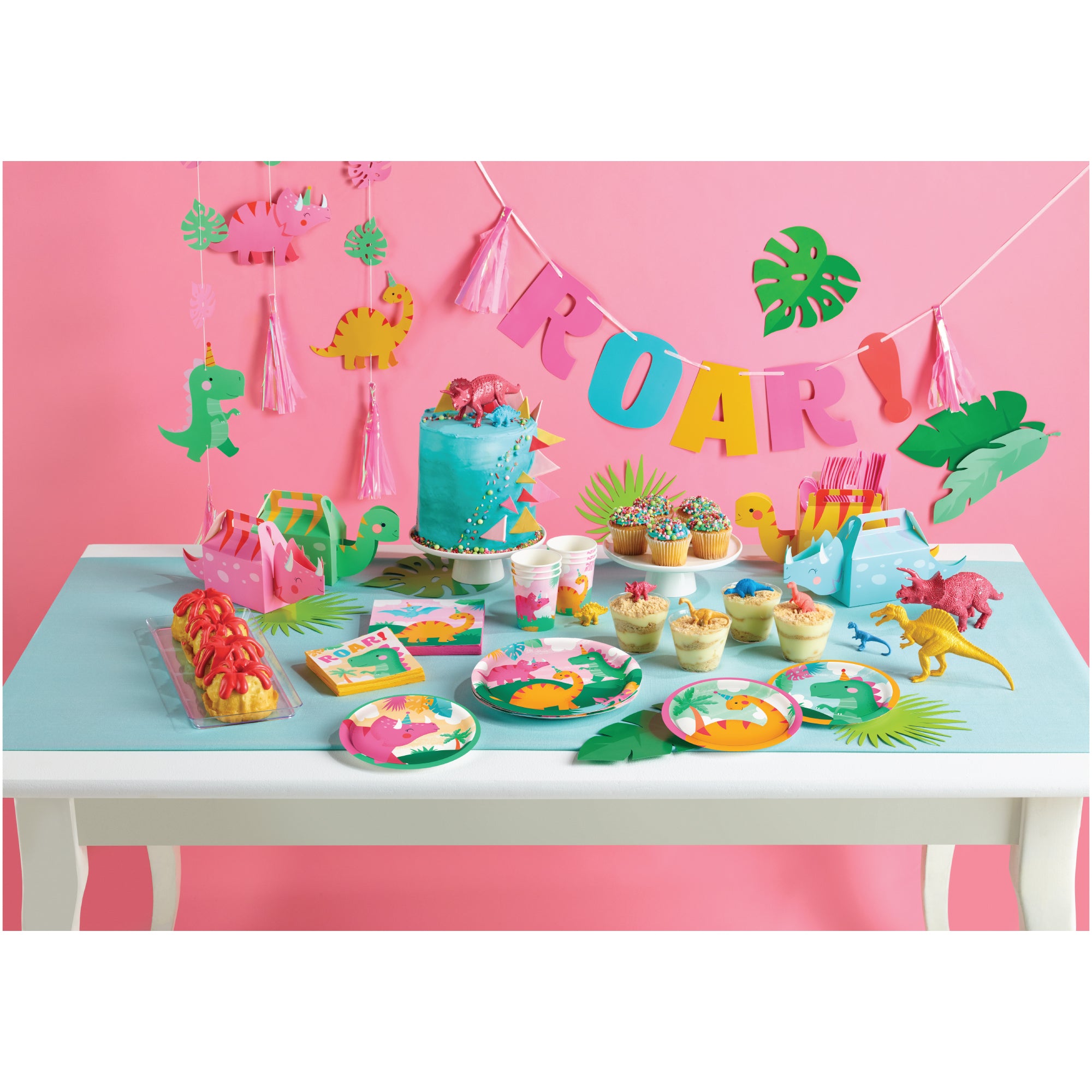 194 Piece Pink Baby Girl Dinosaur Birthday Party Supplies with Plates,  Napkins, Cups, Cutlery, Banner, Hats, Table Cover (Serves 24)