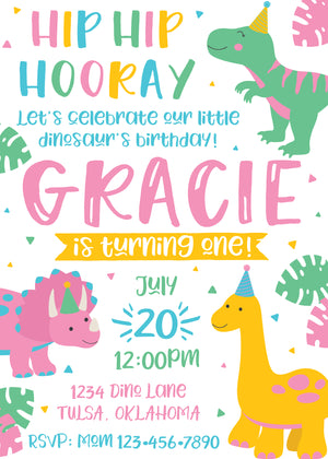 Girl Dinosaur Birthday Party Invitation