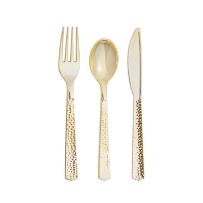 Gold Premium Hammered Plastic Cutlery Set for 8