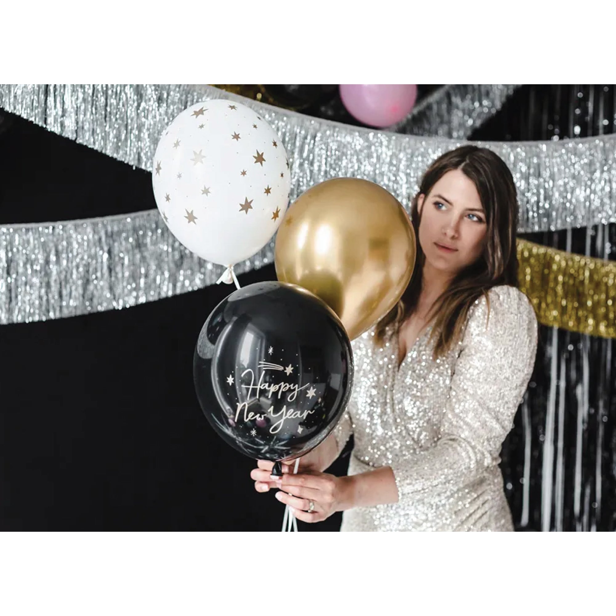 Black, White and & Gold Happy New Year Latex Balloon Bouquet 6ct | The Party Darling