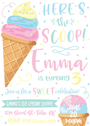 Here's the Scoop Ice Cream Party Invitation - Front