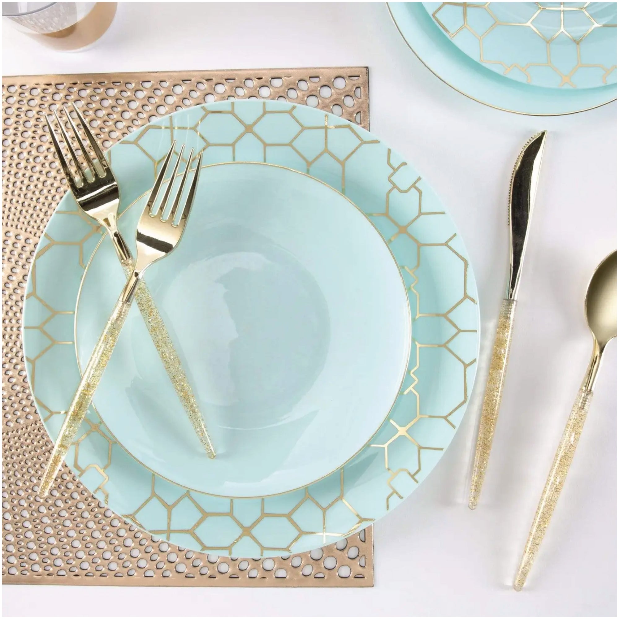 Light Mint Blue & Gold Pattern Plastic Dinner Plates | The Party Darling