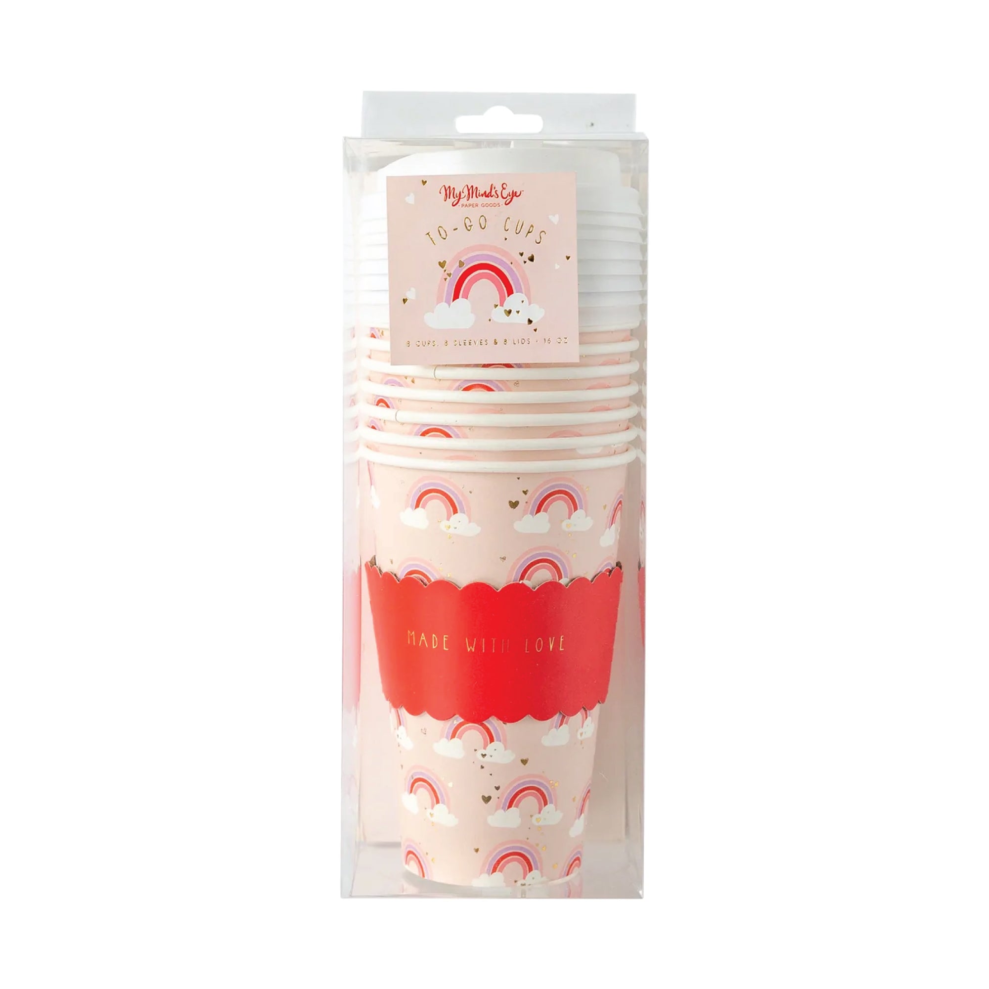 Pink Made with Love Rainbow Coffee Cups with Lids 8ct | The Party Darling