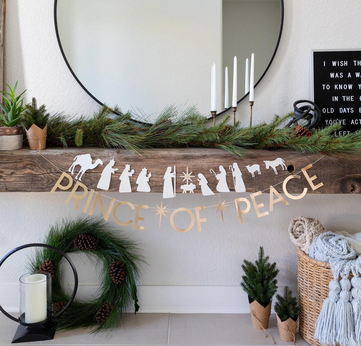 Prince of Peace Christmas Banner on mantel