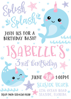 Narwhal Birthday Printable Invitation Front | The Party Darling