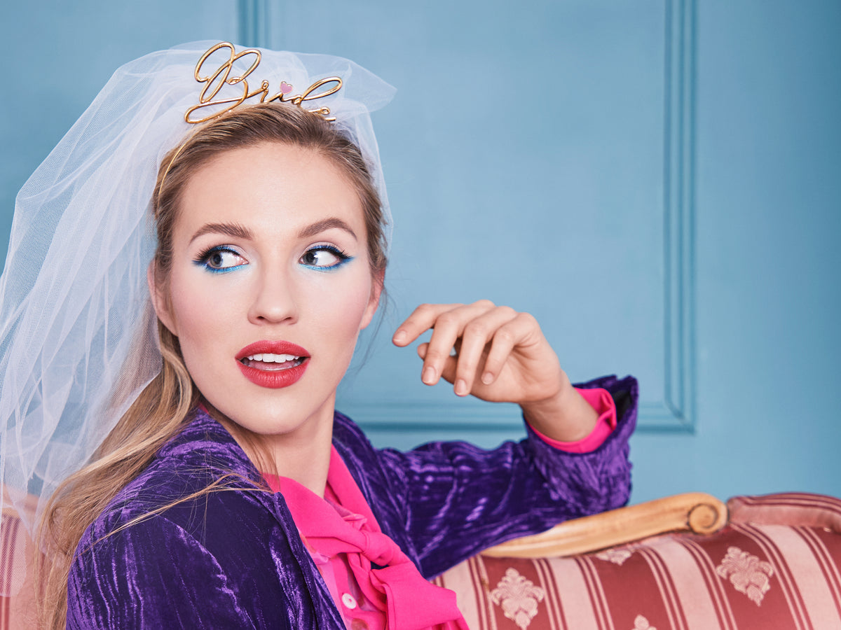 Gold Bride Veil Headband on Bride