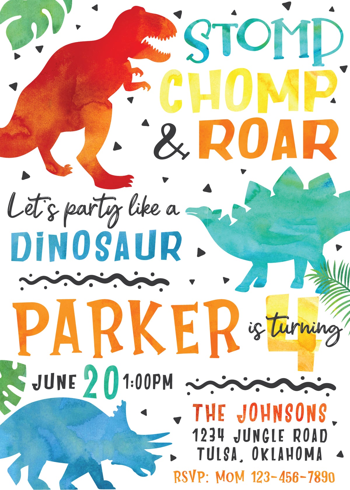 Watercolor Dinosaur Girl Birthday Invitation 