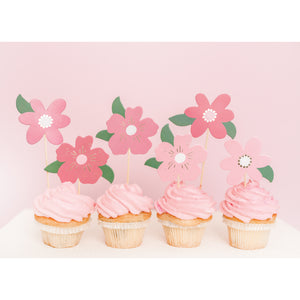 Pink Flower Cupcake Toppers 8ct Displayed