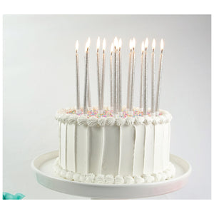 Tall Silver Glitter Birthday Candles 16ct Cake Display