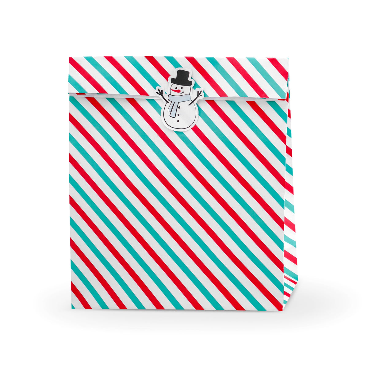 Red &amp; Green Stripe Favor Bags with snowman stickers
