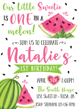 One in a Melon First Birthday Party Invitation Front | The Party Darling