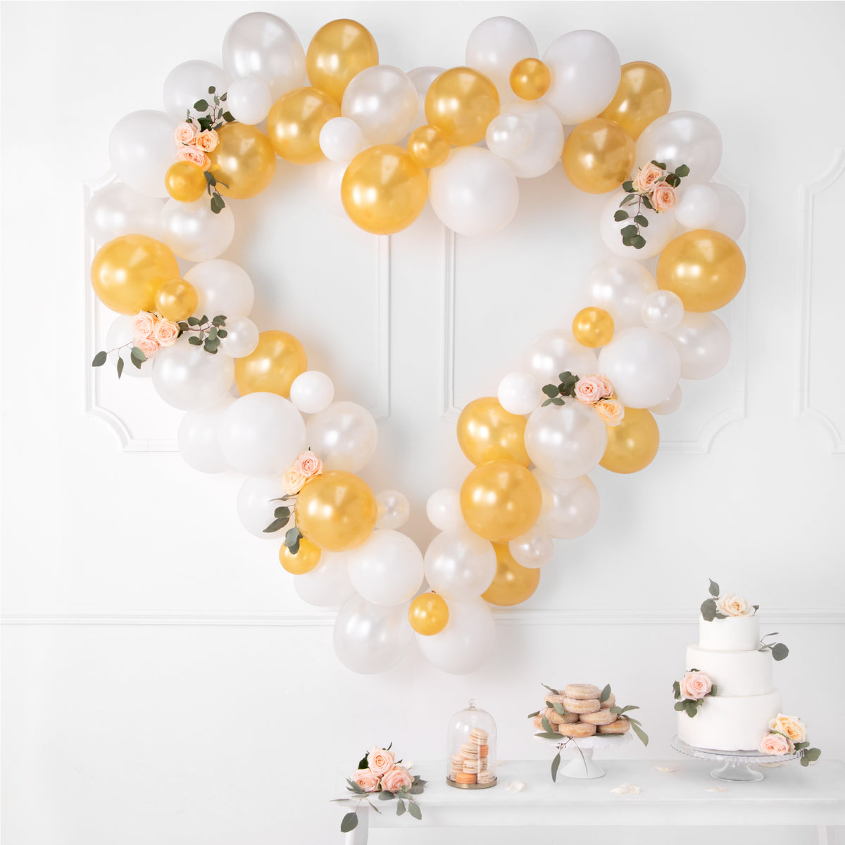 White &amp; Gold Heart Balloon Garland Kit 68pc - The Party Darling