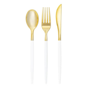 White & Gold Plastic Cutlery Set for 8 | The Party Darling