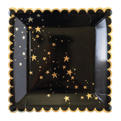 Black & Gold Stars Scalloped Square Lunch Plates 8ct