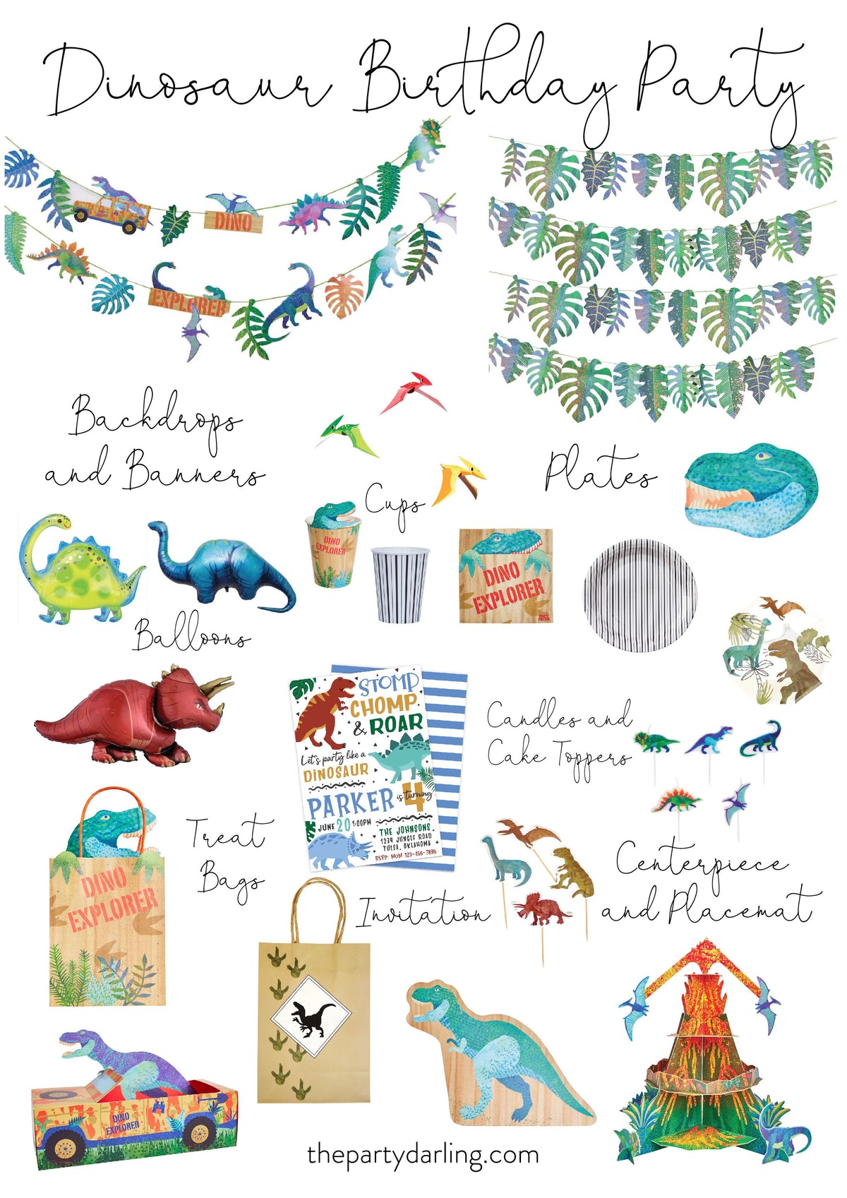 Watercolor Dinosaur Birthday Party Supplies, 20 Plates and 20