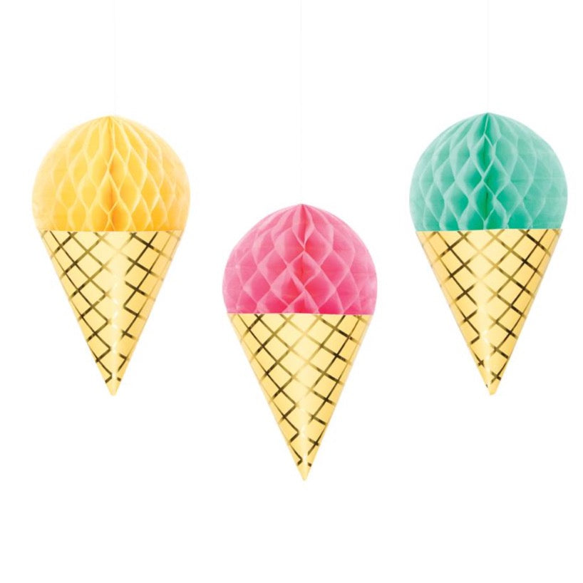 Ice Cream Cone Honeycomb Decorations 3ct