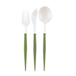 Olive Green & White Plastic Cutlery Set 24pc | The Party Darling