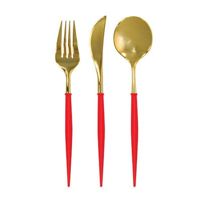 Red & Gold Plastic Cutlery Set for 8