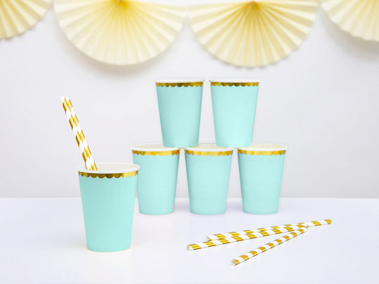 Mint Green &amp; Gold Scalloped Paper Cups 6ct - The Party Darling